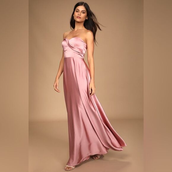 Lulu’s Real Romantic Light Rose Satin Strapless Maxi Dress Dress Dress - Picture 5 of 8